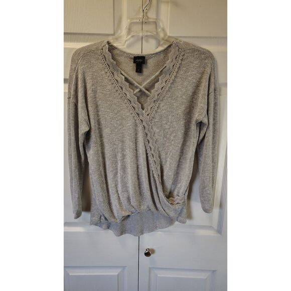Daytrip Sweaters - Daytrip Gray Heather Lace-Trim Faux-Wrap Criss-Cross Sweater -Medium